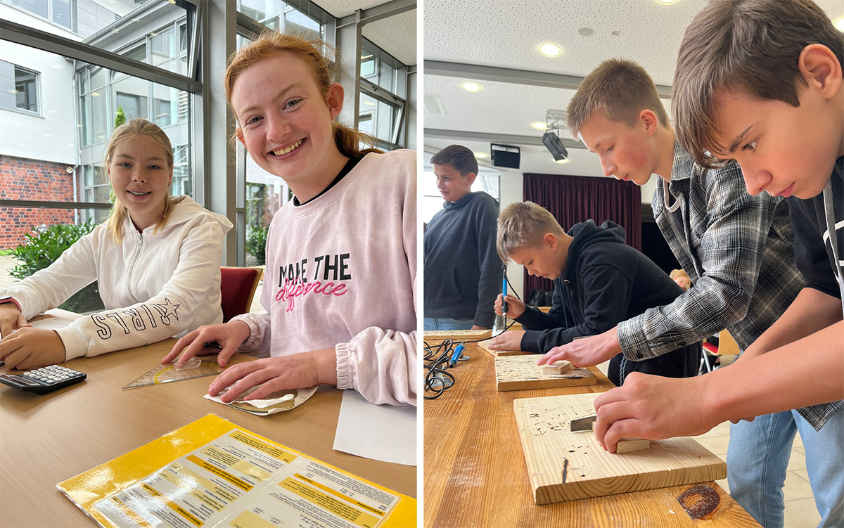 Schüler udn Schülerinen messen Briefe und Päckchen aus und stellen Schlüsselanhänger und Würfel aus Holz her